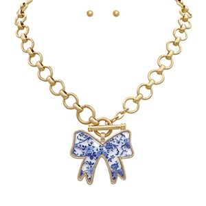 Bow w/Chinoiserie Print Necklace Set